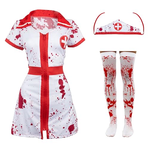 Zombie-Krankenschwester-Kostüm für Damen, Größe M, Krankenschwester-Kleid mit Hut, blutbefleckte Strümpfe, blutiges Halloween-Kostüm für Erwachsene von I LOVE FANCY DRESS