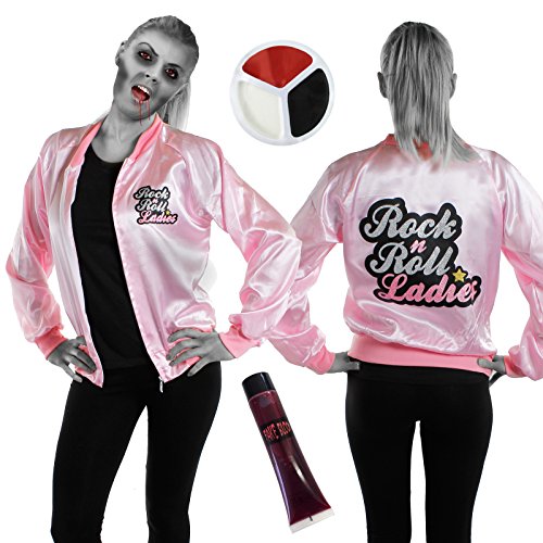 Zombie Rock n Roll Damen rosa Jacke + falsches Blut + rot schwarz und weiß Gesichtsbemalung Halloween Kostüm Perfektes High School Halloween Kostüm 1950er 50er Jahre Größe: XL - UK 18-20 von I LOVE FANCY DRESS