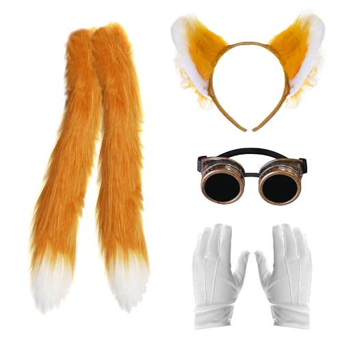 Zubehör-Set Fuchs für Kinder, orangefarbenes Stirnband mit flauschigen Fuchsohren, 2 flauschigen orangefarbenen Fuchsschwänzen, Bronze-Brille und weißen Handschuhen, perfekt für jede von I LOVE FANCY DRESS