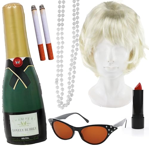 Zubehör-Set für Erwachsene, Motiv: blonde Bienenstock-Perücke, schwarze Brille, aufblasbare Champagnerflasche, Perlenkette, roter Lippenstift, künstliche Zigaretten, klassisches britisches von I LOVE FANCY DRESS