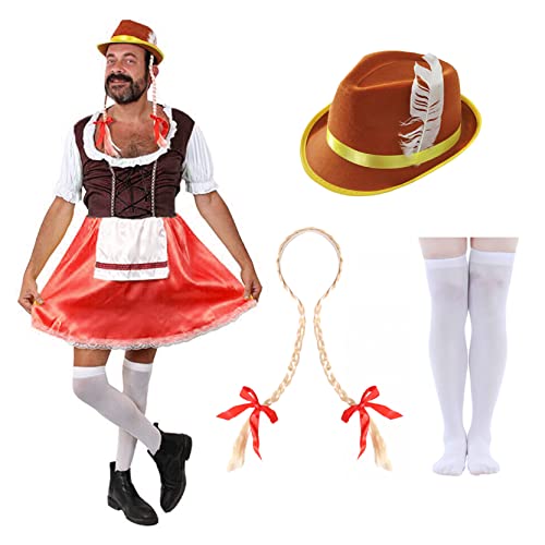 bayrisches Herrenkostüm - XL - braunes und rotes Kleid, blonde geflochtene Perücke, bayerischer Hut, weiße Strümpfe, bayrisches Kostüm für Erwachsene - bayerisches Oktoberfest Kostüm von I LOVE FANCY DRESS