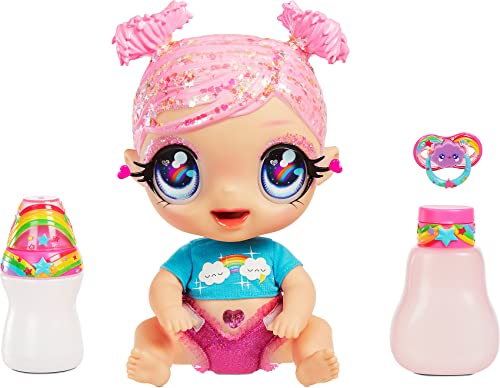 MGA Glitter Babyz - DREAMIA STARDURST - Babypuppe mit 3 magischen Farbwechseln durch eiskaltes Wasser, mit rosa Glitzer-Haar, Regenbogen-Outfit, Windel, Flasche und Schnuller - Für Kinder ab 3 Jahren von MGA Entertainment