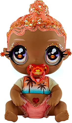Glitter Babyz Solana Sunburst Baby Puppe - Mit 3 magischen Farbwechseln, pinken Haaren und einem tropischen Outfit - Inklusive Windel, Flasche und Schnuller - Sammelspielzeug für Kinder ab 3 Jahren von MGA Entertainment