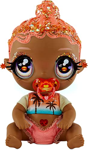 I Love U Glitter Babyz Solana Sunburst Baby Puppe - Mit 3 magischen Farbwechseln, pinken Haaren und einem tropischen Outfit - Inklusive Windel, Flasche und Schnuller - Sammelspielzeug für Kinder ab 3 Jahren, 577294EUC von MGA Entertainment