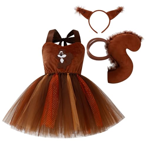 Halloween Kostüm Kinder Eichhörnchen Kostüm Elefantenkostüm Tüllkleid Tiere Rollenspiel Kostüm Stirnband Schwanz Fliege Cosplay Outfit für Fasching KarnevalIBAKOM Eichhörnchen-braun 1-2 Jahre von IBAKOM