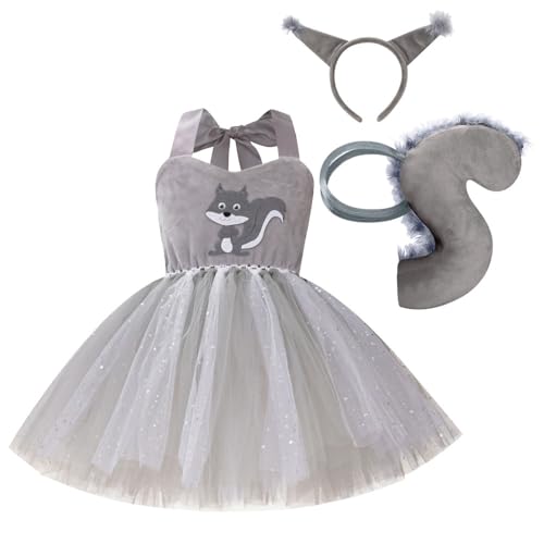 IBAKOM Halloween Kostüm Kinder Eichhörnchen Kostüm Elefantenkostüm Tüllkleid Tiere Rollenspiel Kostüm Stirnband Schwanz Fliege Cosplay Outfit für Fasching Karneval Eichhörnchen-grau 1-2 Jahre von IBAKOM