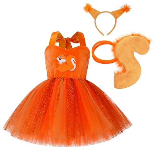 IBAKOM Halloween Kostüm Kinder Eichhörnchen Kostüm Elefantenkostüm Tüllkleid Tiere Rollenspiel Kostüm Stirnband Schwanz Fliege Cosplay Outfit für Fasching Karneval Eichhörnchen-orange 1-2 Jahre von IBAKOM