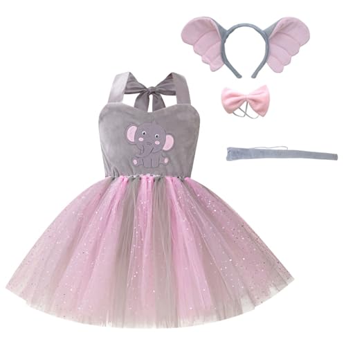 IBAKOM Halloween Kostüm Kinder Eichhörnchen Kostüm Elefantenkostüm Tüllkleid Tiere Rollenspiel Kostüm Stirnband Schwanz Fliege Cosplay Outfit für Fasching Karneval Elefant-grau 1-2 Jahre von IBAKOM