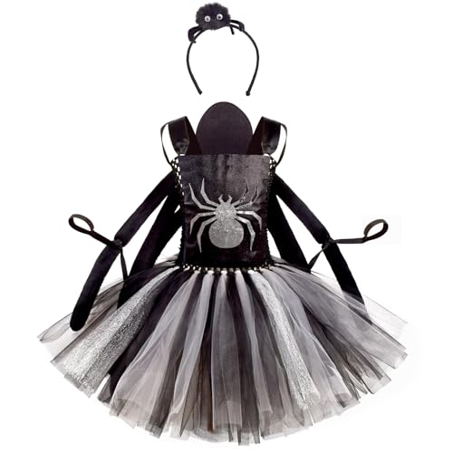 IBAKOM Halloween Spinnenkostüm für Kinder 2-12-Jahre: 3 Stück Kinderkostüm Tüllkleid + Haarreif + Spinnenrucksack - Mädchen Faschingskostüme für Karneval Cosplay Party schwarz 7-8 Jahre IBAKOM Halloween Spinnenkostüm für Kinder 2-12-Jahre: 3 Stück Kinderkostüm Tüllkleid + Haarreif + Spinnenrucksack - Mädchen Faschingskostüme für Karneval Cosplay Party schwarz 7-8 Jahre von IBAKOM