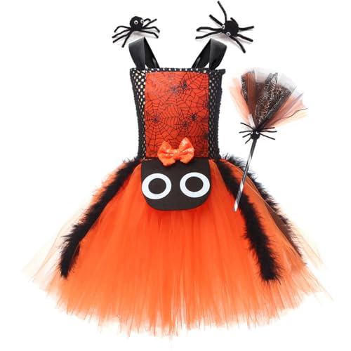 IBAKOM Hexenkostüm Mädchen Halloween Kostüm Kinder 2 tlg. Cosplay Outfit Kleid*1 + Hexenbesen*1 Tüllkleid Zauberer Kostüm Faschingskostüm für Karneval Cosplay Party Festival orange 10-12 Jahre von IBAKOM