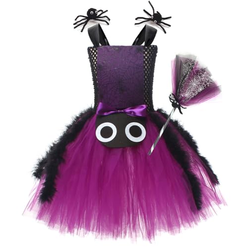 IBAKOM Hexenkostüm Mädchen Halloween Kostüm Kinder 2 tlg. Cosplay Outfit Kleid*1 + Hexenbesen*1 Tüllkleid Zauberer Kostüm Faschingskostüm für Karneval Cosplay Party Festival violett 10-12 Jahre von IBAKOM