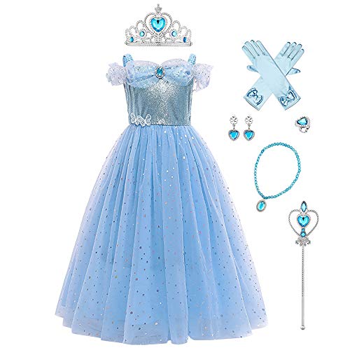 IBAKOM Kinder Mädchen Aschenputtel Kostüm Prinzessin Kleid Sophia Rapunzel Märchen Cosplay Fasching Karneval Halloween Geburtstagsfeier Festkleid Blau 3(mit Zubehör) 7-8 Jahre von IBAKOM