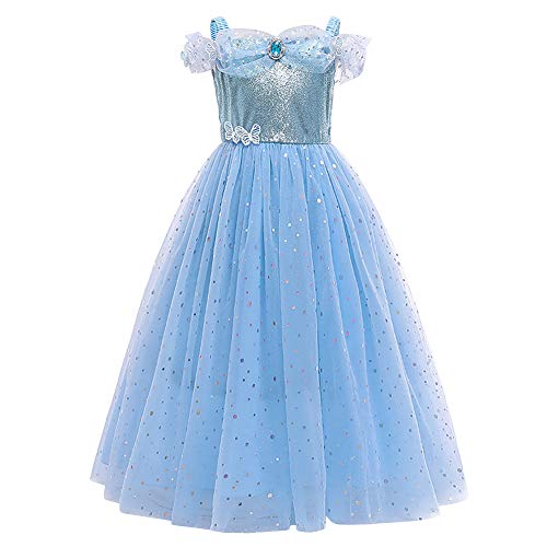 IBAKOM Kinder Mädchen Aschenputtel Kostüm Prinzessin Kleid Sophia Rapunzel Märchen Cosplay Fasching Karneval Halloween Geburtstagsfeier Festkleid Blau 3 6-7 Jahre von IBAKOM