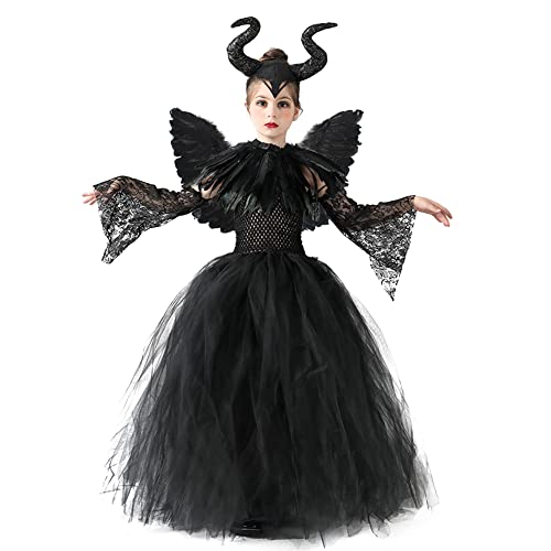 IBAKOM Kinder Mädchen Hexe Kostüm Böse Königin Halloween Cosplay Karneval Fasching Verkleidung Horn Stirnband Feder Flügel Umhang Cape Outfits Schwarz - Flügel 4-5 Jahre von IBAKOM