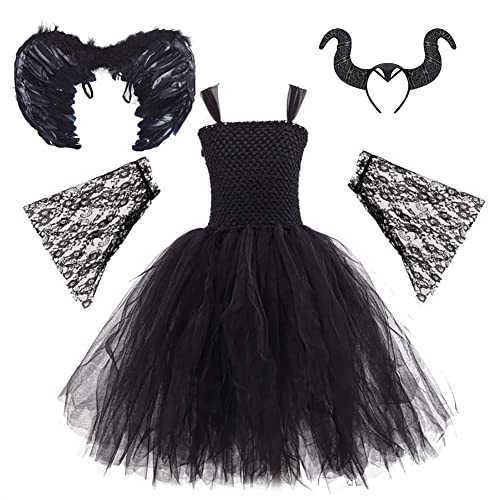 IBAKOM Kinder Mädchen Hexe Kostüm Böse Königin Halloween Cosplay Karneval Fasching Verkleidung Horn Stirnband Feder Flügel Umhang Cape Outfits Schwarz - Handschuhe 11 Jahre von IBAKOM