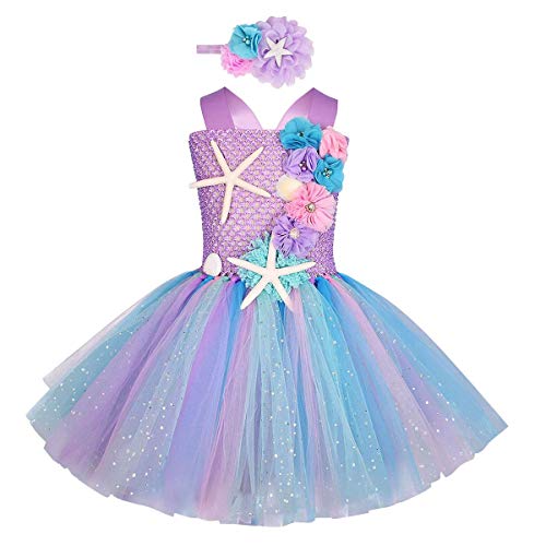 IBAKOM Mädchen Meerjungfrau Kostüm Prinzessin Ariel Rapunzel Cosplay Karneval Halloween Party Verkleidung Pailletten Kleider Tutu Rock Violett 1 12-18 Monate von IBAKOM