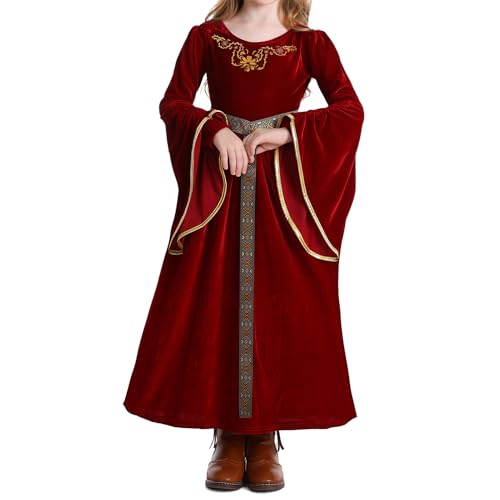 IBAKOM Mädchen Prinzessin Kleid Mittelalter Renaissance Cosplay Kostüm Retro Samt Kleid Kinder Königliche Verkleidung mit Gürtel Rot 5-6 Jahre von IBAKOM