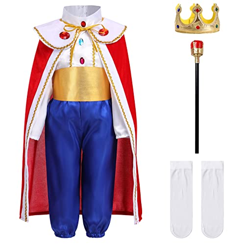 Kinder Jungen Prince King Kostüm Mittelalterlicher königlicher Prinz Dress up Halloween Cosplay Outfits Langarm Shirt Hosen Crown Cape 7-teiliges Set Königsblau 6-7 Jahre von IBAKOM