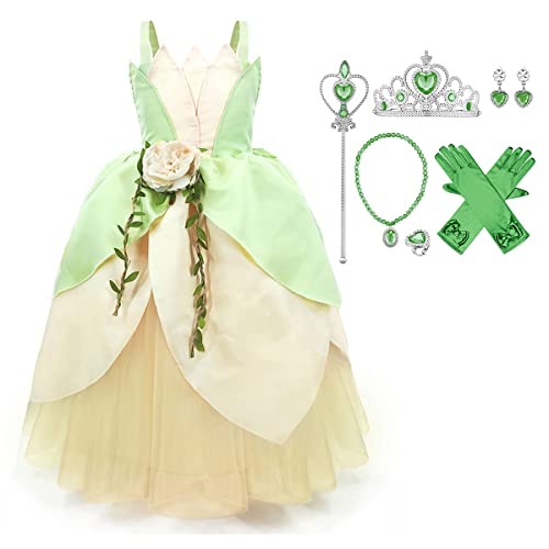 Kinder Tiana Kostüm Prinzessin Tiana Dress up Mädchen Halloween Karneval Cosplay Outfits Verkleidung Geburtstag Märchen Tutu Kleid mit Stirnband Hellgrün - Zubehör 10-11 Jahre von IBAKOM