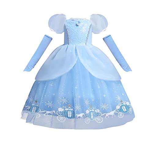 Mädchen Sofia Cinderella Dress Up Deluxe Prinzessin Kostüm Kurze Puffärmel Pailletten Mieder Märchen Karneval Cosplay Party Geburtstag Weihnachten Outfit Blau 03 3-4 Jahre von IBAKOM