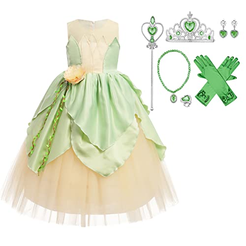 Tiana Kinderkostüm Prinzessin Tiana Dress up Mädchen Halloween Karneval Cosplay Outfits Verkleidung Geburtstag Märchen Rollenspiel Ärmelloses Tutu-Kleid mit Stirnband Grün - Ärmellos 7-8 Jahre von IBAKOM