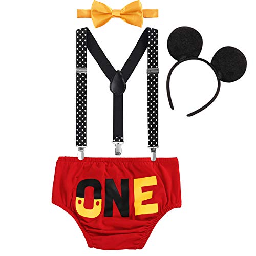 Baby Mickey Mouse 1./2./3. Geburtstag Halloween Kostüm Outfit Unterhose+Fliege+Y-Form Hosenträger+Maus Ohren 4pcs Bekleidungssets Fotoshooting Kostüm für Unisex Jungen Mädchen 0093 Rot 6-12 Monate Baby Mickey Mouse 1./2./3. Geburtstag Halloween Kostüm Outfit Unterhose+Fliege+Y-Form Hosenträger+Maus Ohren 4pcs Bekleidungssets Fotoshooting Kostüm für Unisex Jungen Mädchen 0093 Rot 6-12 Monate von IBTOM CASTLE