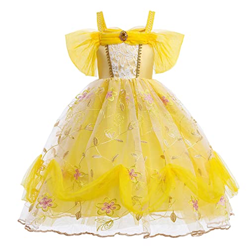 Belle Kostüm Kleid für Kinder Prinzessin Mädchen Party Schick Ankleiden Karneval Fasching Prinzessinnenkleid Tüll Maxikleid Geburtstagsfeier Festkleid und Handschuhe Gelb - Blume 9-10 Jahre von IBTOM CASTLE