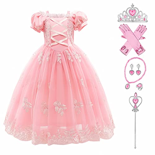 Cinderella Kleid Kostüme Kinder für Mädchen, Prinzessin Kleid Mädchen Tüll Maxikleid Cosplay Festlich Karneval Festkleid Maxikleid Geburtstagsfeier Fest-Kleid mit Zubehörteilen Baby rosa 3-4 Jahre von IBTOM CASTLE