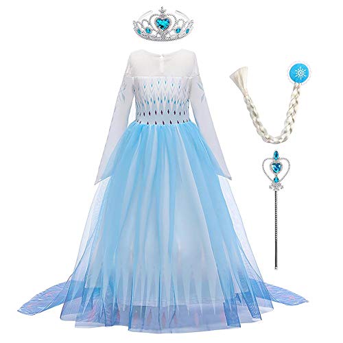 Elsa Kleid Mädchen, Prinzessin Kleid Kostüm Eiskönigin Elsa Kleid mit Elsa Krone Zauberstab Halsketten Set Weihnachten Karneval Fasching Geburtstag Party Halloween Fest Blau-Lange Ärmel2 7-8 Jahre von IBTOM CASTLE