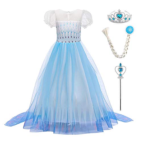 Elsa Kleid Mädchen, Prinzessin Kleid Kostüm Eiskönigin Elsa Kleid mit Elsa Krone Zauberstab Halsketten Weihnachten Karneval Fasching Geburtstag Party Halloween Fest Blau-Kurze Ärmel 3-4 Jahre von IBTOM CASTLE