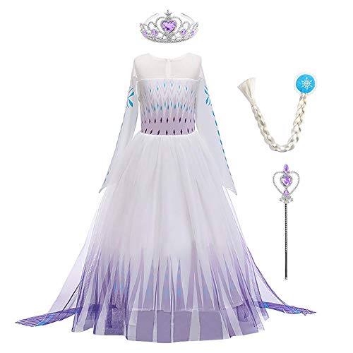 Elsa Kleid Mädchen, Prinzessin Kleid Kostüm Eiskönigin Elsa Kleid mit Elsa Krone Zauberstab Halsketten Weihnachten Karneval Fasching Geburtstag Party Halloween Fest Lila-Lange Ärmel 11-12 Jahre von IBTOM CASTLE