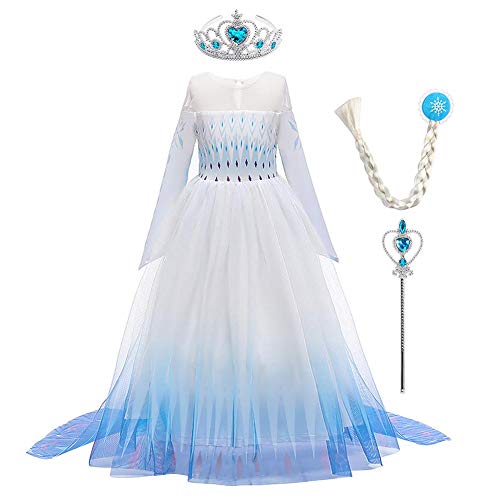 Elsa Kleid Mädchen, Prinzessin Kleid Kostüm Eiskönigin Elsa Kleid mit Elsa Krone Zauberstab Halsketten Weihnachten Karneval Fasching Geburtstag Party Halloween Fest Weiß Blau-Lange Ärmel 11-12 Jahre von IBTOM CASTLE