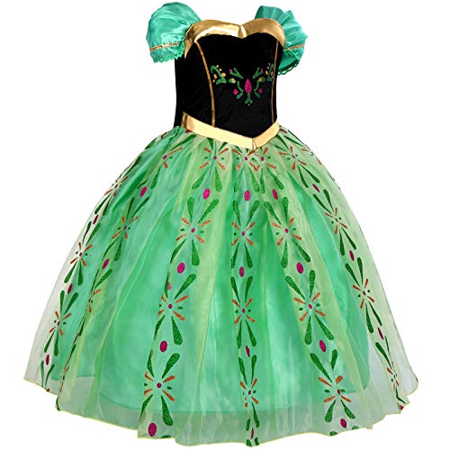 IBTOM CASTLE Anna Kostüm Kinder Mädchen Anna Prinzessin Eiskönigin Kleid Krönung Cosplay Kleider Karneval Geburtstag Weihnachten Halloween Party Abendkleid Grün 3 5 – 6 Jahre von IBTOM CASTLE