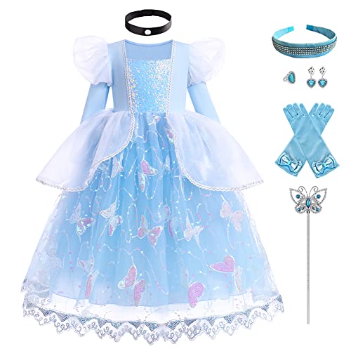 IBTOM CASTLE Cinderella Kleid Mädchen Kinder Aschenputtel Prinzessinenkleid Kostüm Karneval Faschingskostüm Lang Ballkleid Cosplay Party Halloween Langarm Festkleid+Zubehör Blau-Langarm 11-12 Jahre von IBTOM CASTLE