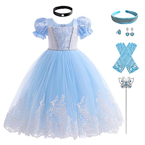 IBTOM CASTLE Cinderella Kleid Mädchen Kinder Aschenputtel Prinzessinenkleid Kostüm Karneval Faschingskostüm Lang Ballkleid Cosplay Party Halloween Langarm Festkleid+Zubehör Hellblau 5-6 Jahre von IBTOM CASTLE