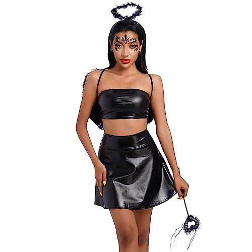 IBTOM CASTLE Damen Teufel und Engel Halloween Kostüm Holographisch Crop Top Glänzend Rock Hörner Stirnband Mistgabel Teufelsschwanz 5Stück Metallisch Clubwear Festival Rave Outfit Schwarz+Rock M von IBTOM CASTLE