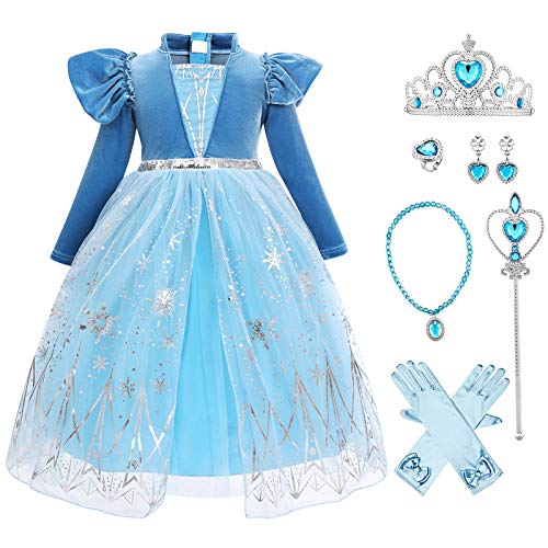 IBTOM CASTLE ELSA Kleid Mädchen Kostüme, Prinzessin Königin Eiskönigin ELSA 2 Kostüm Langarm Kleid Outerwear Set Schneeflocke Verkleidung Geburtstag Party Ankleiden Karneval Cosplay Blau-02 6-7 Jahre von IBTOM CASTLE