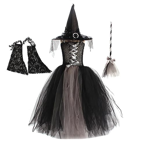 IBTOM CASTLE Kinder Mädchen Halloween Hexe Kostüm ärmellos Rüschen Tüll Tutu Kleid + Batwing Ärmel + Hexenhut + Pailletten Besen 4Pcs Fairytale Cosplay Dress up Party Outfit Schwarz&Grau 8-10 Jahre von IBTOM CASTLE