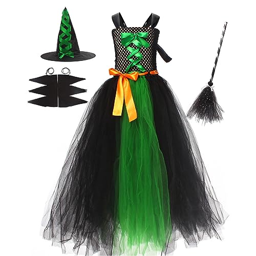 IBTOM CASTLE Kinder Mädchen Halloween Hexe Kostüm ärmellos Rüschen Tüll Tutu Kleid + Batwing Ärmel + Hexenhut + Pailletten Besen 4Pcs Fairytale Cosplay Dress up Party Outfit Schwarz&Grün 6-7 Jahre von IBTOM CASTLE