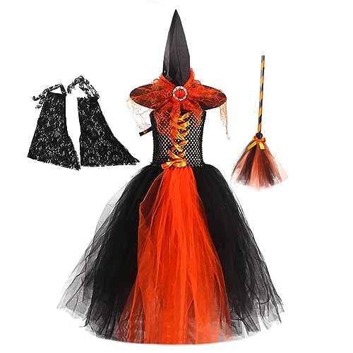 IBTOM CASTLE Kinder Mädchen Halloween Hexe Kostüm ärmellos Rüschen Tüll Tutu Kleid + Batwing Ärmel + Hexenhut + Pailletten Besen 4Pcs Fairytale Cosplay Dress up Party Outfit Schwarz&Orange 8-10 Jahre von IBTOM CASTLE