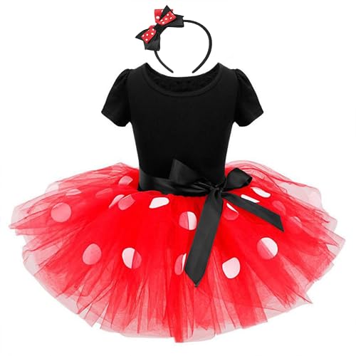 IBTOM CASTLE Minnie Mouse Kostüm Kinder Mädchen, Polka Dot Geburtstag Kleid mit Maus Ohren Haarreif, Halloween Party Verkleidung, Tütü Prinzessin Kleid Fasching Karneval Rot2 3-4 Jahre von IBTOM CASTLE