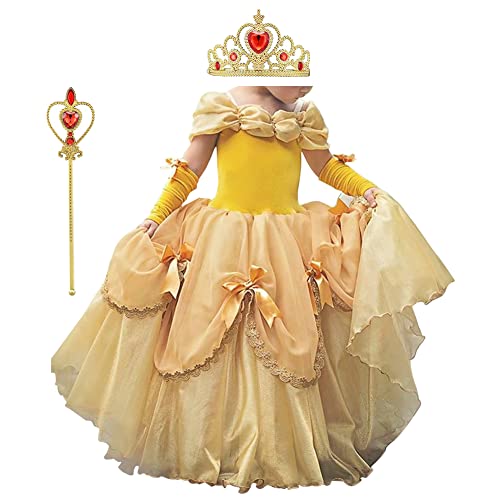 IBTOM CASTLE Prinzessin Belle Kleid, Belle kostüm mädchen, Schöne und das Biest Kostüm Verkleiden, Halloween Weihnachten Geburtstag Party Kostüm Prinzessin Kostüme Zubehör Gelb - Krone 4-5 Jahre von IBTOM CASTLE