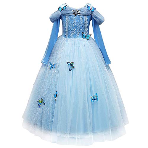 IBTOM CASTLE Prinzessin Kleid Mädchen, Cinderella Kleid Kostüme Prinzessin Kostüm Schmetterling Mädchen Geburtstagsfeier Festkleid Cocktailklei Verkleidung Halloween Fancy Dress up Blau 7-8 Jahre von IBTOM CASTLE