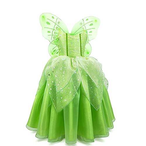 IBTOM CASTLE Tinkerbell Blumenfee Kostüm Mädchen Kinder Feen Verkleidung kostüm Tutu Kleid Halloween Cosplay mit Schmetterlings flügeln Zauberstab Stirnband Fasching Karneval Hellgrün 6-7 Jahre von IBTOM CASTLE