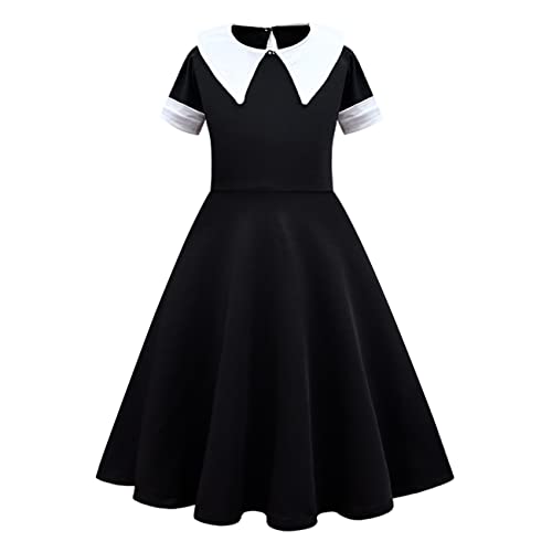 IBTOM CASTLE Wednesday Addams Kleid Mädchen - Wednesday Addams Kostüm für Kinder Peter Pan Schwarz Kleid Karneval Halloween Cosplay Addams Fancy Dress up Outfit Schwarz -Peter Pan 7-8 Jahre von IBTOM CASTLE