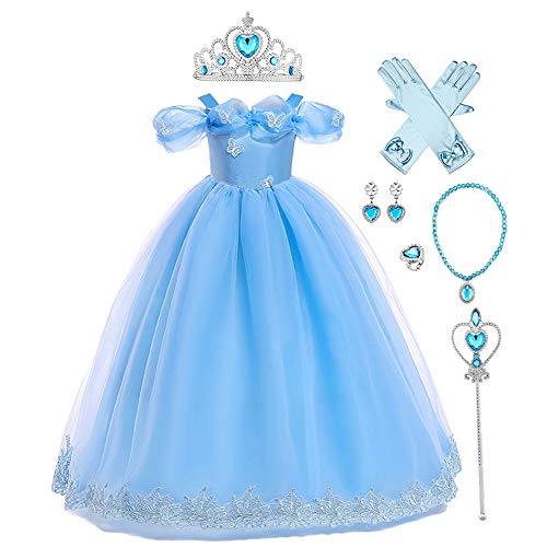 Kinder Mädchen Aschenputtel Prinzessin Kostüm Halloween Fee Cosplay Kleid Weihnachtsferien Geburtstagsfeier Abend ohne Schulter Langes Maxi-Tanzballkleid für Fotoshooting Blau+Zubehör 11-12 Jahre von IBTOM CASTLE