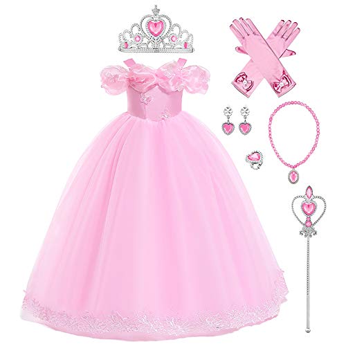 Kinder Mädchen Aschenputtel Prinzessin Kostüm Halloween Fee Cosplay Kleid Weihnachtsferien Geburtstagsfeier Abend ohne Schulter Langes Maxi-Tanzballkleid für Fotoshooting Rosa+Zubehör 11-12 Jahre von IBTOM CASTLE