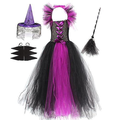 Kinder Mädchen Halloween Hexe Kostüm ärmellos Rüschen Tüll Tutu Kleid + Batwing Ärmel + Hexenhut + Pailletten Besen 4Pcs Fairytale Cosplay Dress up Party Outfit Schwarz&Violett 8-10 Jahre von IBTOM CASTLE