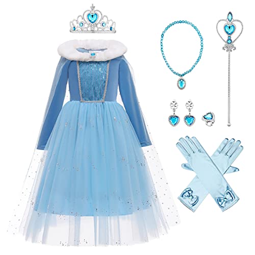 Mädchen Prinzessin Elsa Anna Kostüme Eiskönigin Langarm Pailletten Schneeflocke Samt Tüll Kleid Kostüm No?l Karneval Geburtstag Party Kleider Blau 4 4-5 Jahre von IBTOM CASTLE