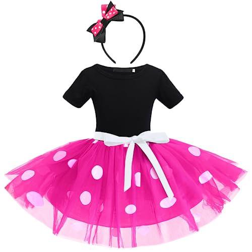 Mini Kostüm Baby Mädchen Polka Dots Tutu Kleid + Maus Ohren Stirnband Kinder Prinzessin Cosplay Geburtstagsfeier Verkleidung Outfit Kleinkind Säugling Weihnachten Karneval Schwarz + Hot Pink 2-3 Jahre von IBTOM CASTLE